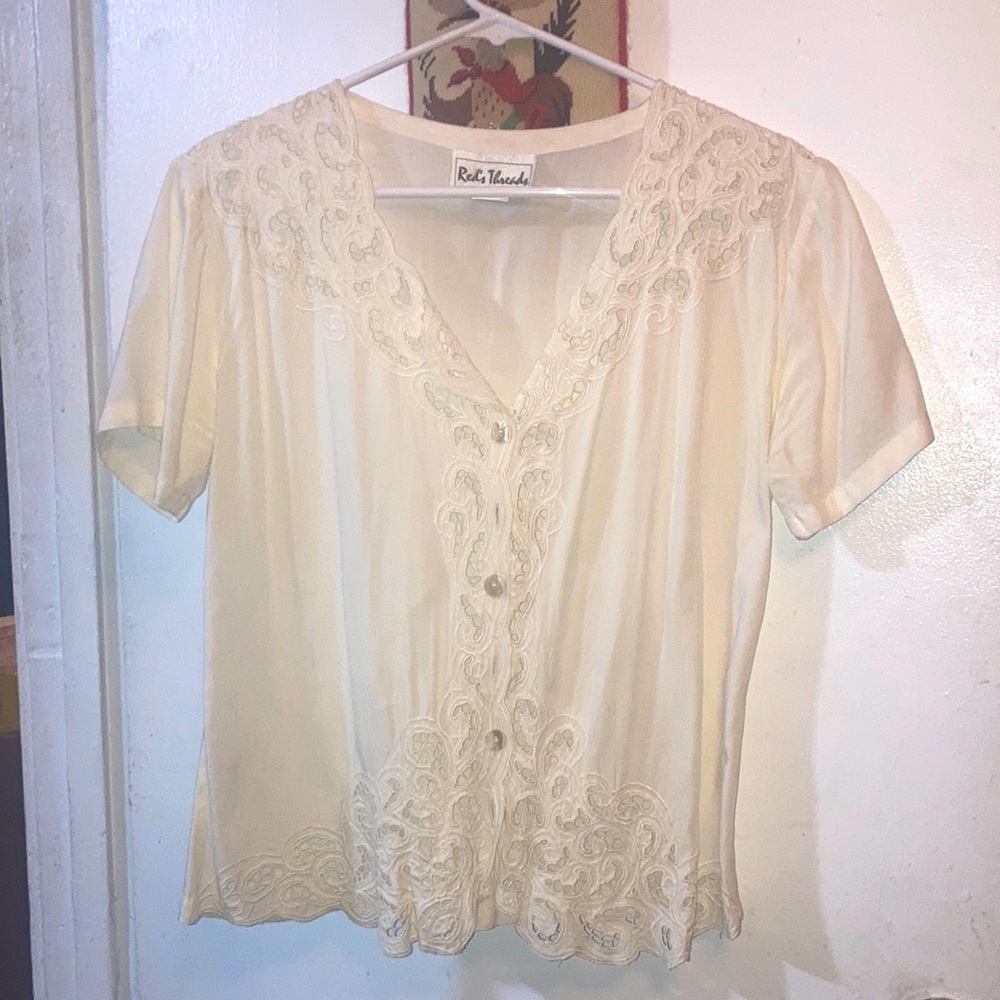 Button Up Lace Shirt Vintage Cottagecore Embroidery